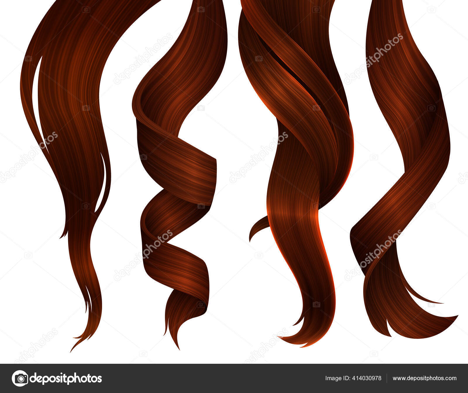 Sæt af bølget Strands of Ginger Hair. Vector Realistisk 3d Illustration.  Design Element til frisører, skønhedssaloner, hårpleje kosmetik, shampoo  eller balsam emballage Stockvektor af ©bridddy 414030978, image size:1600x1344