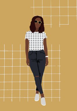 Moda Kıyafeti Giyen Şık Genç Kadınlar. Düz Çizgi Film Renkli Vektör İllüstrasyonu.