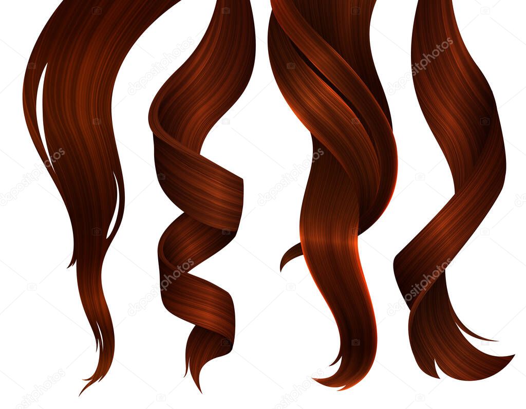 Set of Wavy Strands of Ginger Hair. Vector Realistic 3d Illustration. Design Element for Hairdressers, Beauty Salons, Hair Care Cosmetics, Shampoo or Conditioner Packaging