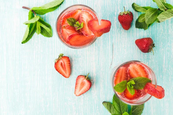 Glasses Fresh Pink Lemonade Strawberry Soda Mint Wooden Table — Stock Photo, Image