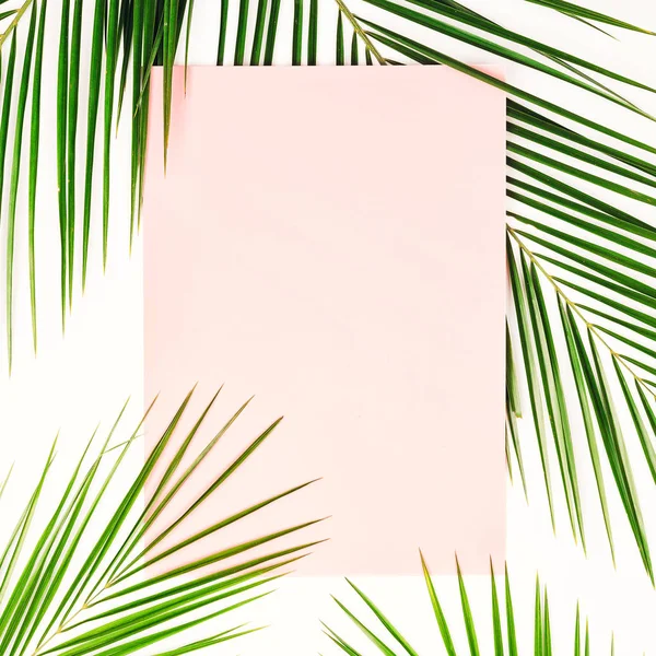 Palm branches on white background. Pink sheet of paper. Flat lay, top view