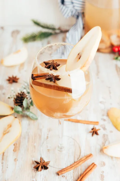 Glass Cider Pear Cocktail Lemonade Cinnamon Sticks Anise Stars White — Stock Photo, Image