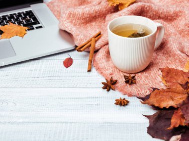 Ev ofis masaüstü ile bir dizüstü bilgisayar, sıcak sıcak pembe kareli, fincan sıcak çay ve sonbahar akçaağaç yaprakları sarı ve kırmızı. Ahşap beyaz masa, düz yatıyordu. Kış ve sonbahar arka plan, üstten görünüm