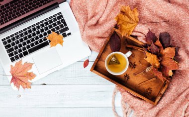 Ev ofis masaüstü ile bir dizüstü bilgisayar, sıcak sıcak pembe kareli, fincan çay tepsisi ve sonbaharda akçaağaç sarı ve kırmızı üzerinde bırakır. Ahşap beyaz masa, düz yatıyordu. Kış ve sonbahar arka plan, üstten görünüm