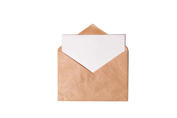 Cartão Branco Com Modelo Envelope Papel Marrom Kraft Simular Visão — Fotografia de Stock