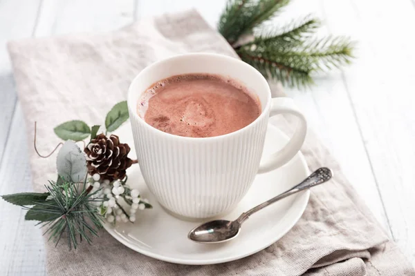 Cup Hot Chocolate White Wooden Table Winter Cocoa Drink Napkin — Stock Photo, Image