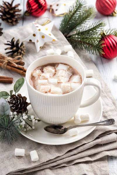 Cup Hot Chocolate Marshmallow Cinnamon Sticks White Wooden Table Winter — Stock Photo, Image