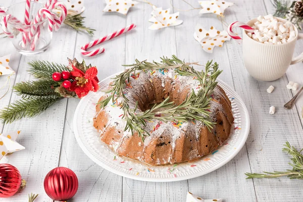 Traditional Christmas Fruit Cake White Wooden Table Homemade Pudding Festive — Stock Photo, Image