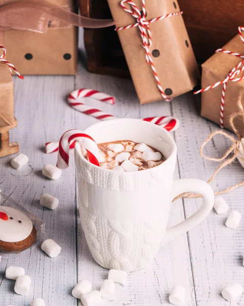 Copa Cacao Chocolate Sobre Fondo Navideño Madera Bebida Chocolate Caliente — Foto de Stock