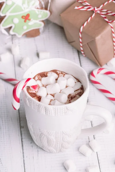 Cup Cocoa Chocolate Wooden Christmas Background Winter Hot Chocolate Drink — Stock Photo, Image