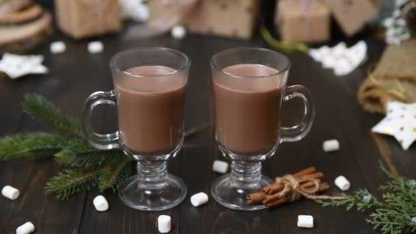 Cup Hot Chocolate Cocoa Drink Cinnamon Wooden Table Two Glasses — Stock Video