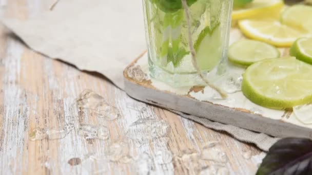 Limonade Oder Mojito Cocktail Mit Zitrone Limette Und Basilikum Kühlen — Stockvideo