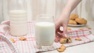 Kadın el süt bir çikolatalı kurabiye daldırma. Lezzetli tatlı yemek