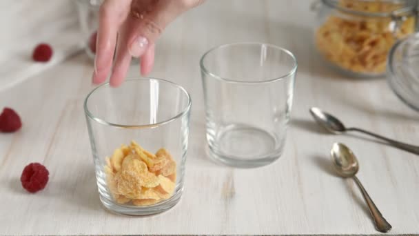 Yaourt Framboise Granola Servi Dans Bocal Verre Petit Déjeuner Sain — Video