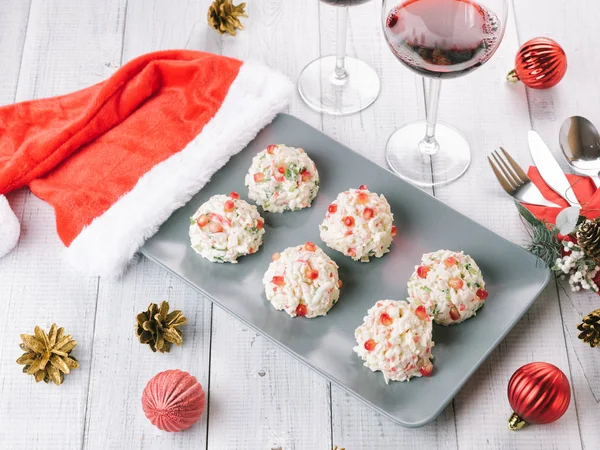 Christmas snacks cheese balls with pomegranate — Stock Photo, Image