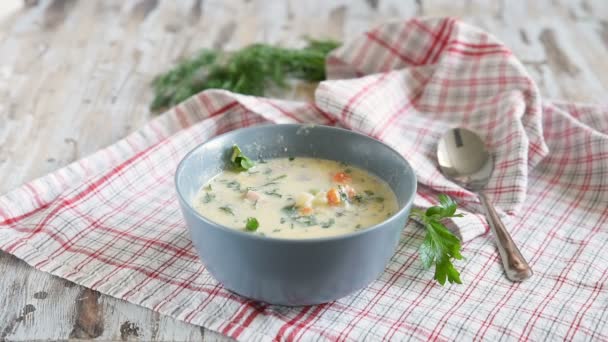 Cold soup with fresh cucumbers, radishes, potato and sausage with sour cream in a plate. Traditional russian food okroshka. — Stock Footage Cold Soup Fresh Cucumbers Radishes Potato Sausage Sour Cream Plate Video Clip