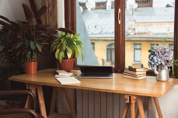 Mesa Trabalho Madeira Com Plantas Verdes Interior Laptop Livros Cadernos — Fotografia de Stock