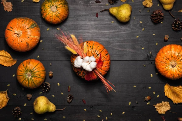 Festive fall decor from pumpkins, leaves, and wheat on a dark wooden background. Thanksgiving Day or Halloween composition, flat lay