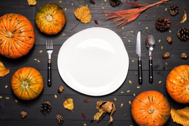Boş beyaz tabak ve balkabaklarıyla sonbahar masası ayarları.