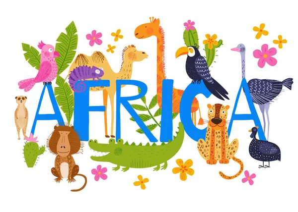 Cute African animals, birds and flowers. Bright vector background. Hand drawn illustration. Summer set. Funny characters for kids. Colorful template for travel poster, zoo and safari card.