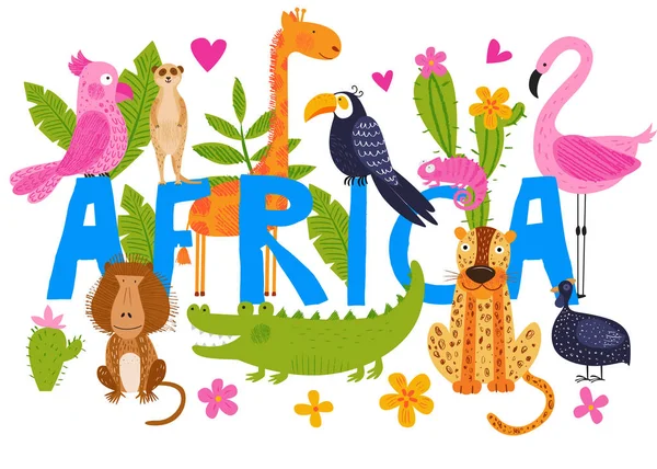 Cute African animals, birds and flowers. Bright vector background. Hand drawn illustration. Summer set. Funny characters for kids. Colorful template for travel poster, zoo and safari card.