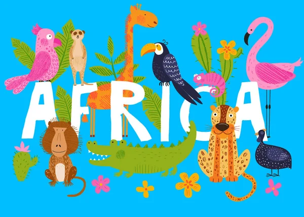 Cute African animals, birds and flowers. Blue vector background. Hand drawn illustration. Summer set. Funny characters for kids. Colorful template for travel poster, zoo and safari card.