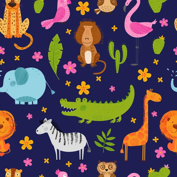 Cute African animals, birds and flowers. Vector seamless pattern. Dark blue background. Hand drawn illustration. Summer set. Funny characters for kids. Isolated on white for fabric, endless surface.