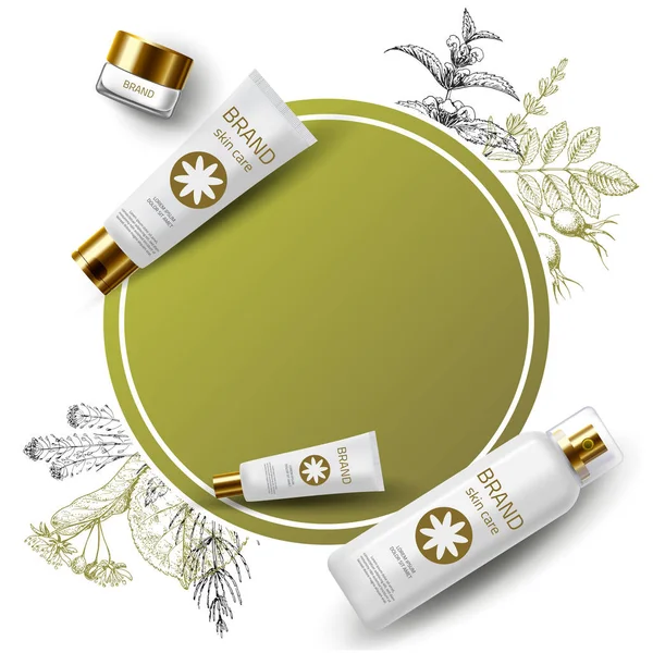 Natural herbal organic cosmetic. 3d realistic ads illustration: cream, tube, spray, bottles, herbs, flowers. Skin care mockup product. Vector medical background. Sketch hand drawn pharmacy plants. — Stock Illustration Natural Herbal Organic Cosmetic Realistic Ads Illustration Cream Tube Spray Royalty Free Stock Illustrations