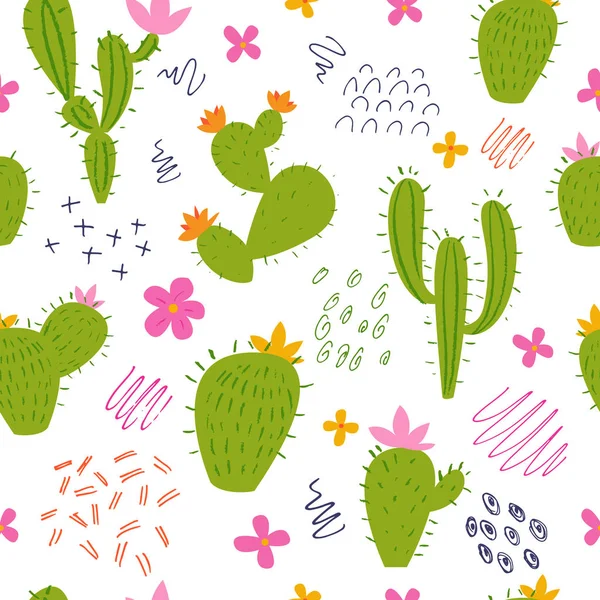 Cute tropical exotic flowers. Vector floral seamless abstract creative  pattern. Bright summer background. Hand drawn pencil texture. Cacti and flowers. Isolated on white for fabric, endless surface