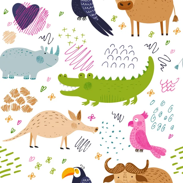 Cute African animals and birds. Vector seamless pattern. Bright summer background. Hand drawn illustration. Pencil texture. Funny characters for kids. Isolated on white for fabric, endless surface.