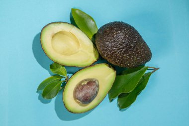 Parlak arka plan üzerinde avokado dilimleri. Bütün ve yarısı yaprakları ile. Tasarım öğesi için ürün etiket