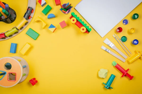 Conceito Creche Brinquedo Fornecimento Arte Vista Superior Espaço Cópia — Fotografia de Stock