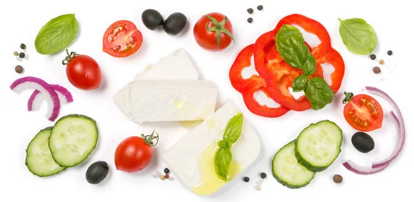 Conceito de alimentação saudável - seleção de ingredientes de salada grega no fundo branco — Fotografia de Stock