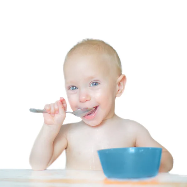 Bebê Comendo Sorrindo Isolado Espaço Cópia — Fotografia de Stock