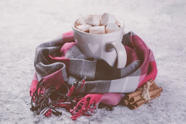 Chocolat chaud avec guimauve et écharpe — Photo