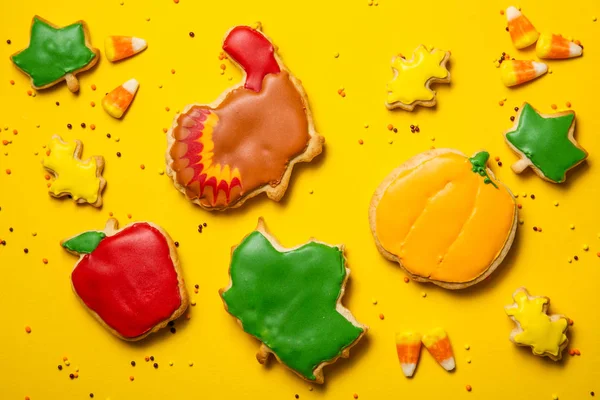 Concepto de Acción de Gracias - galletas con forma de calabaza, pavo, hojas — Foto de Stock
