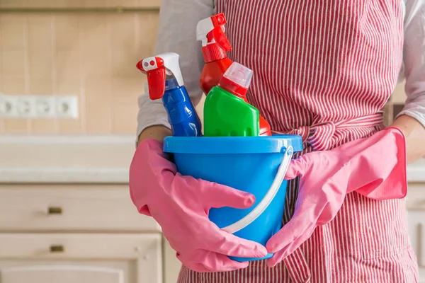Cleaning Concept Female Holding Cleaning Supplies Blue Basket Copy Space — Stock Photo, Image