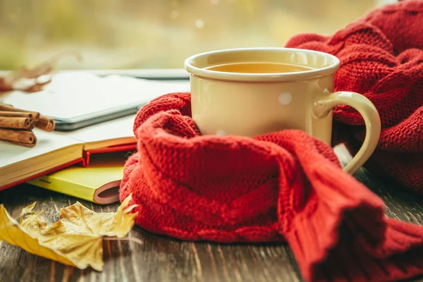 Осенний чай с шарфом и листьями перед окном — стоковое фото