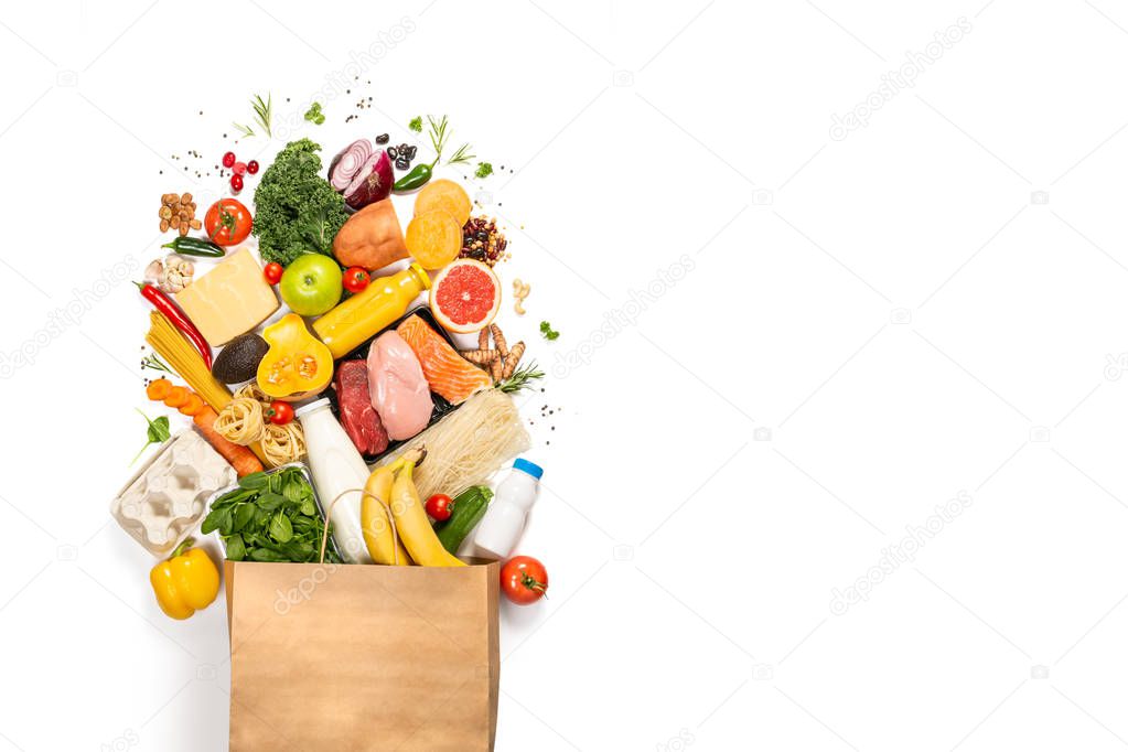 Grocery shopping concept - foods with shopping bag