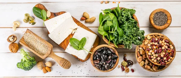 Seleção Fontes Proteína Vegetal Vegan Tofu Quinoa Espinafre Brócolis Chia — Fotografia de Stock