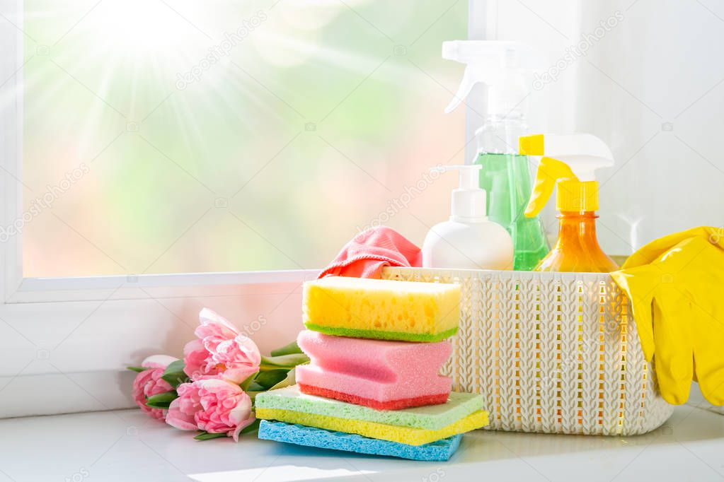 Spring cleaning concept - cleaning products, gloves