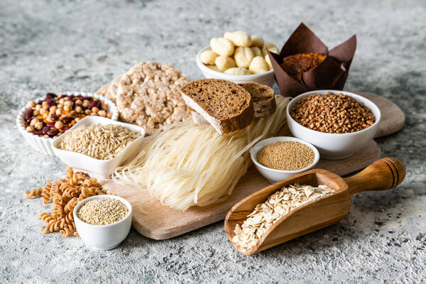 Gluten free diet concept - selection of grains and carbohydrates for people with gluten intolerance