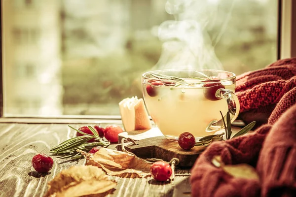 Őszi crunberry, rozmaring és narancs gőzölgő tea az ablak előtt — Stock Fotó