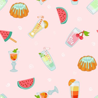 Kokteyller, karpuz, kek ile Seamless modeli. Doğum günü partisi için vektör çizim