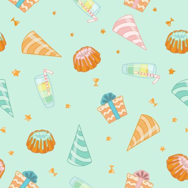 Kokteyller, hediye kutuları, kek ile Seamless modeli. Doğum günü partisi için vektör çizim