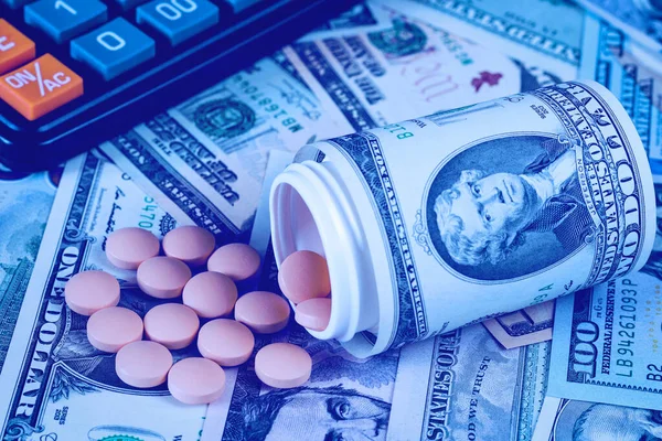 Medicine Pills Black Calculator Dollars Pharmacy Prescription Health Concept Cost — Stock Photo, Image