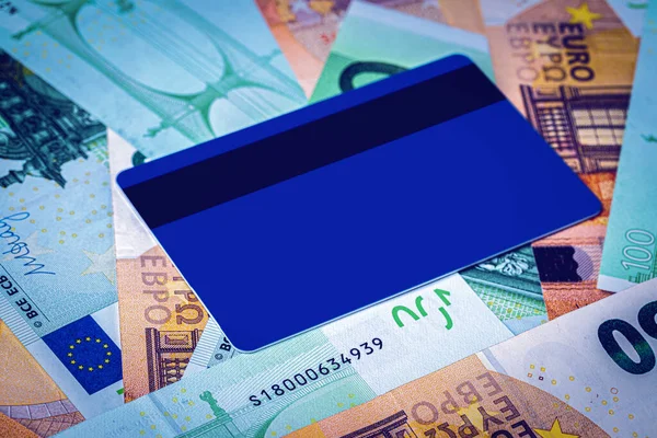 Euro Bills Blue Debit Card Copy Space Text Concept Electronic — Stock Photo, Image