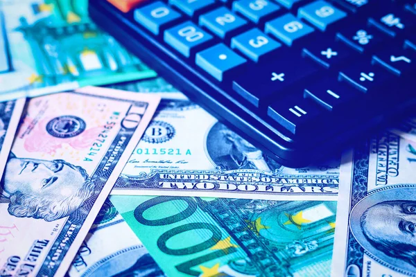 Antecedentes Con Dinero Dólar Americano Billetes Euros Calculadora Negra Dinero — Foto de Stock