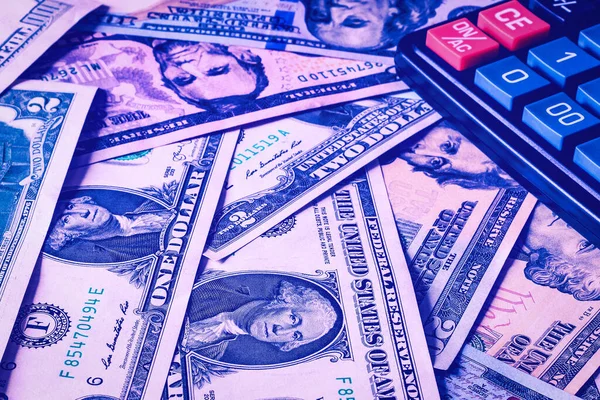 Antecedentes Con Billetes Dinero Dólares Americanos Calculadora Negra Dinero Efectivo — Foto de Stock