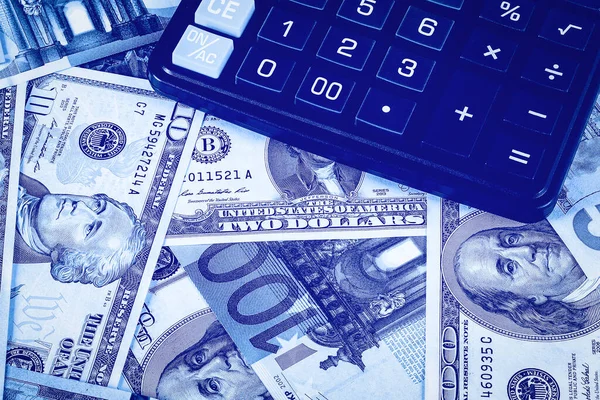 Antecedentes Con Dinero Dólar Americano Billetes Euros Calculadora Negra Dinero — Foto de Stock